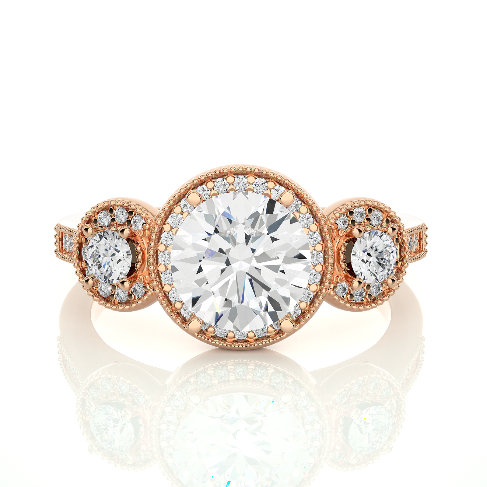 Vintage Halo Three-Stone Diamond Ring