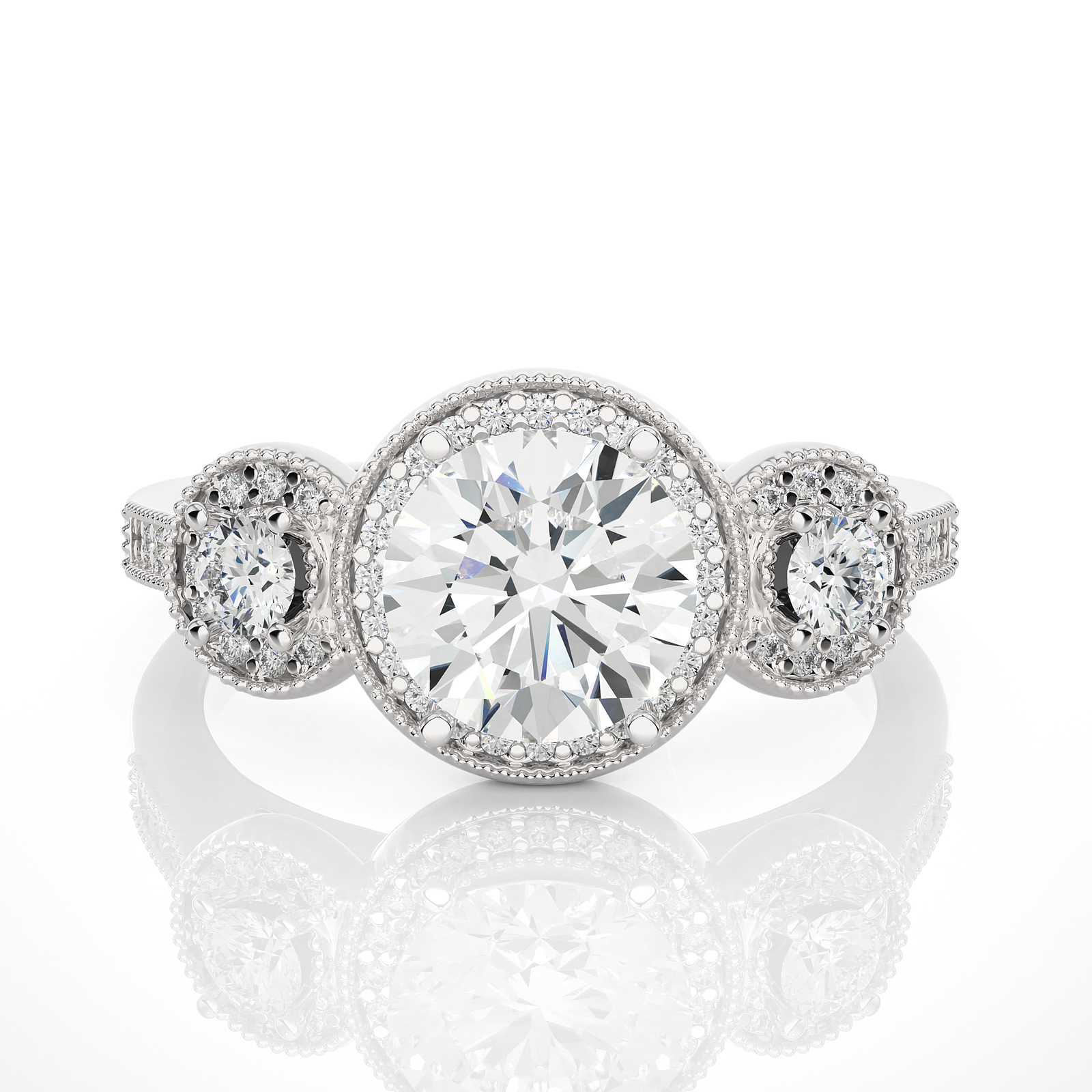 Vintage Halo Three-Stone Diamond Ring