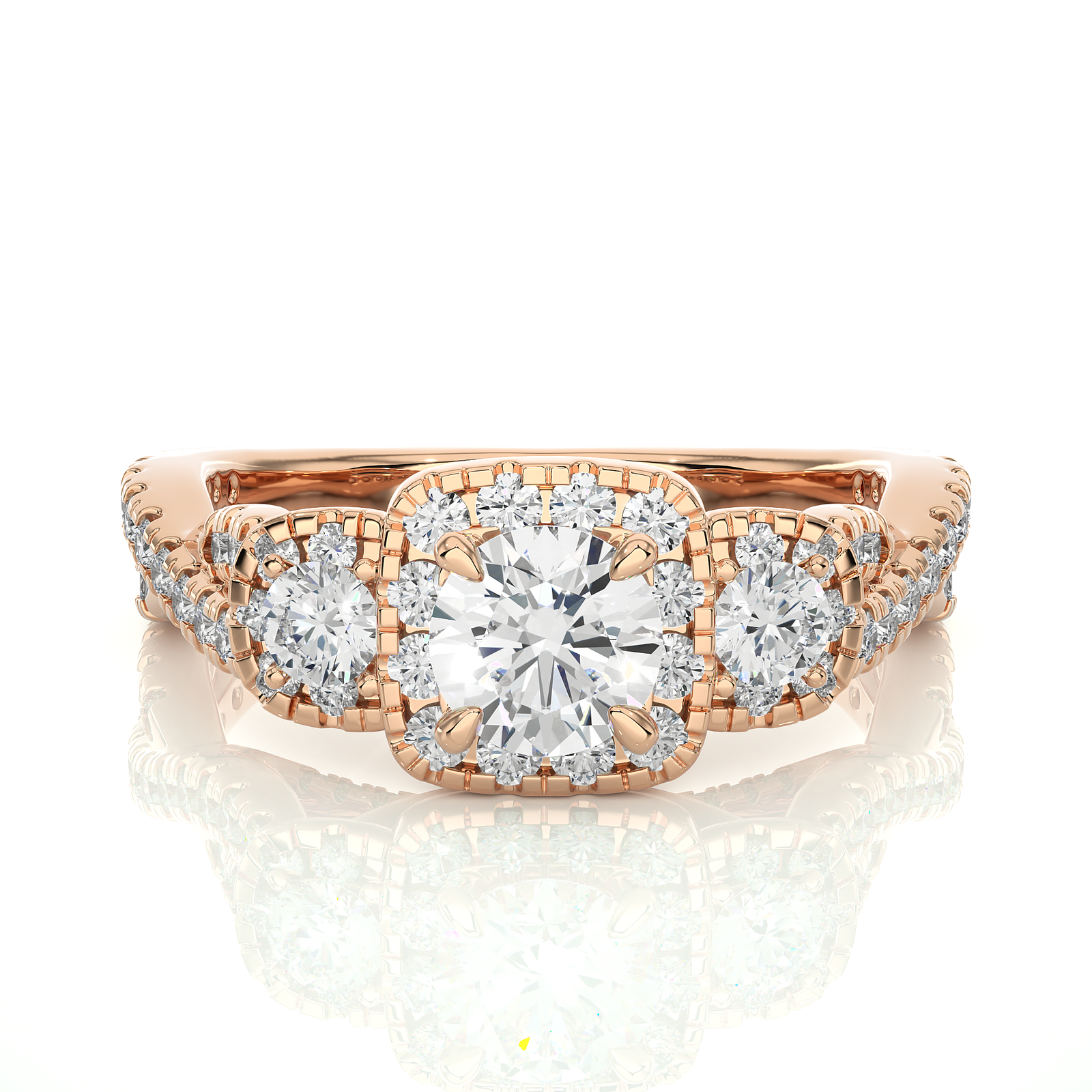 Halo-Set Three-Stone Diamond Engagement Ring