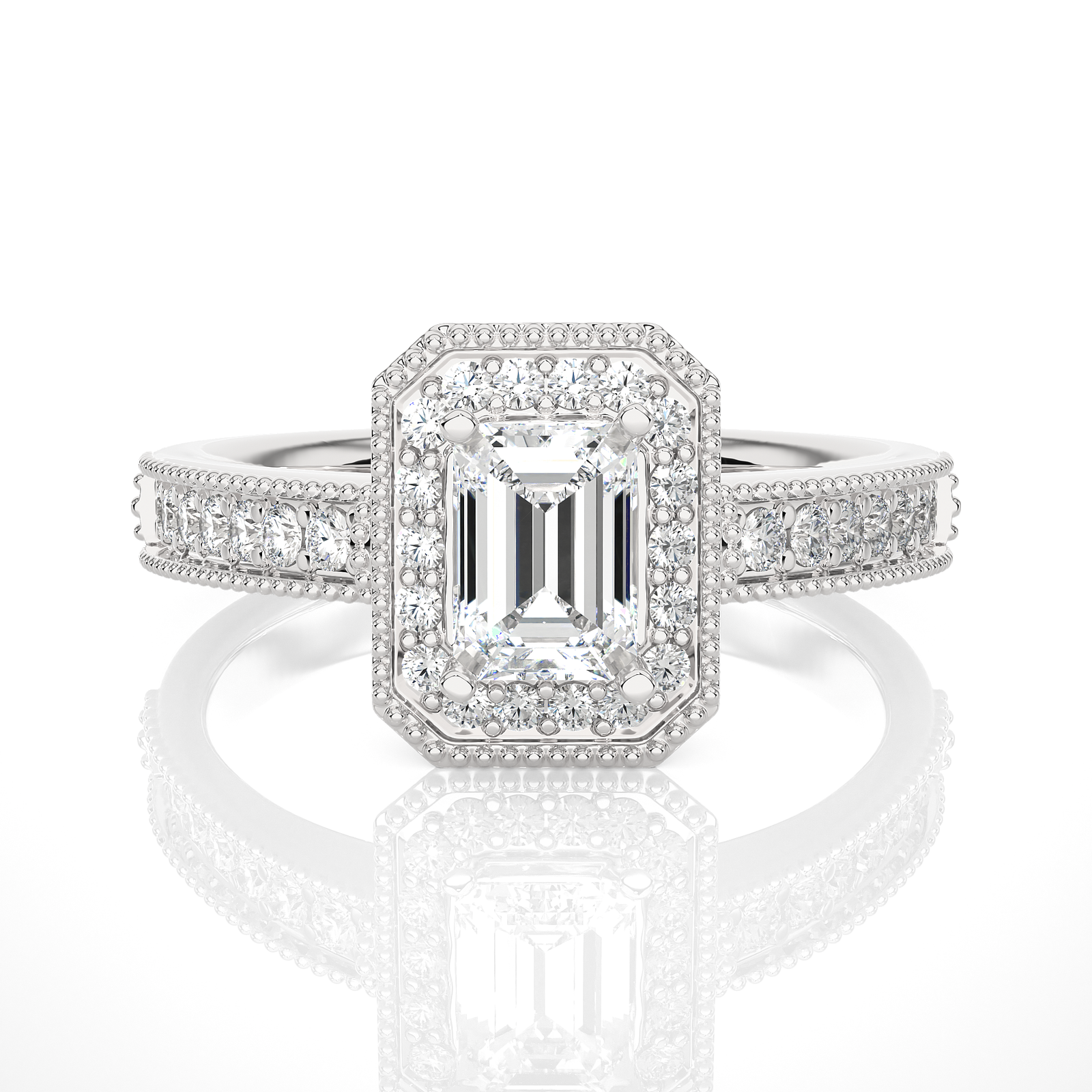 Vintage Emerald-Cut Halo Diamond Engagement Ring