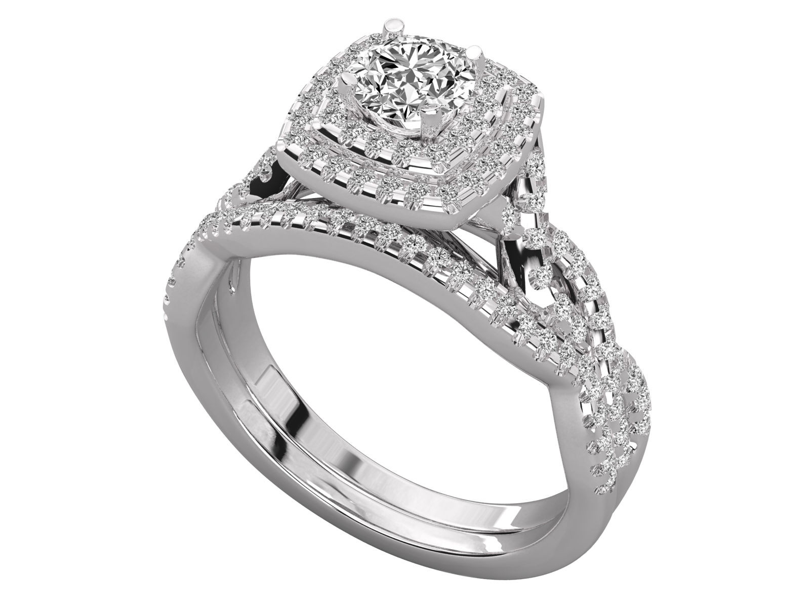 Round Halo Engagement Ring with Twisted Diamond Band