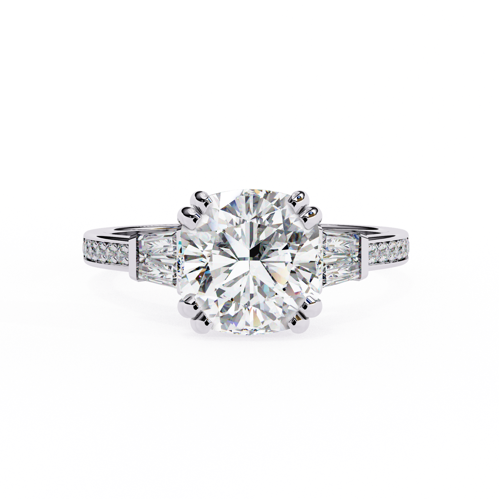 Round Brilliant Diamond Ring with Tapered Baguettes & Pavé Band