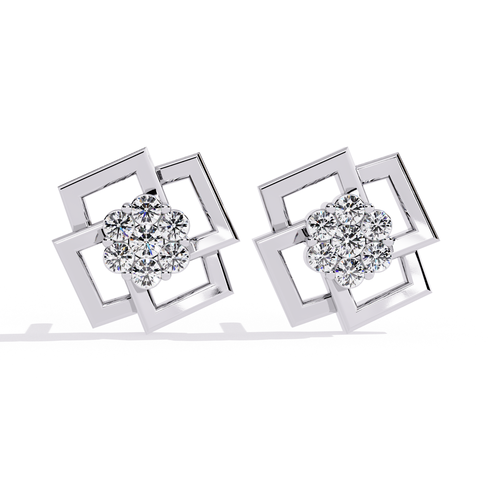 Modern Geometric Diamond Stud Earrings in Gold | Square Frame Floral Cluster Earrings for Women