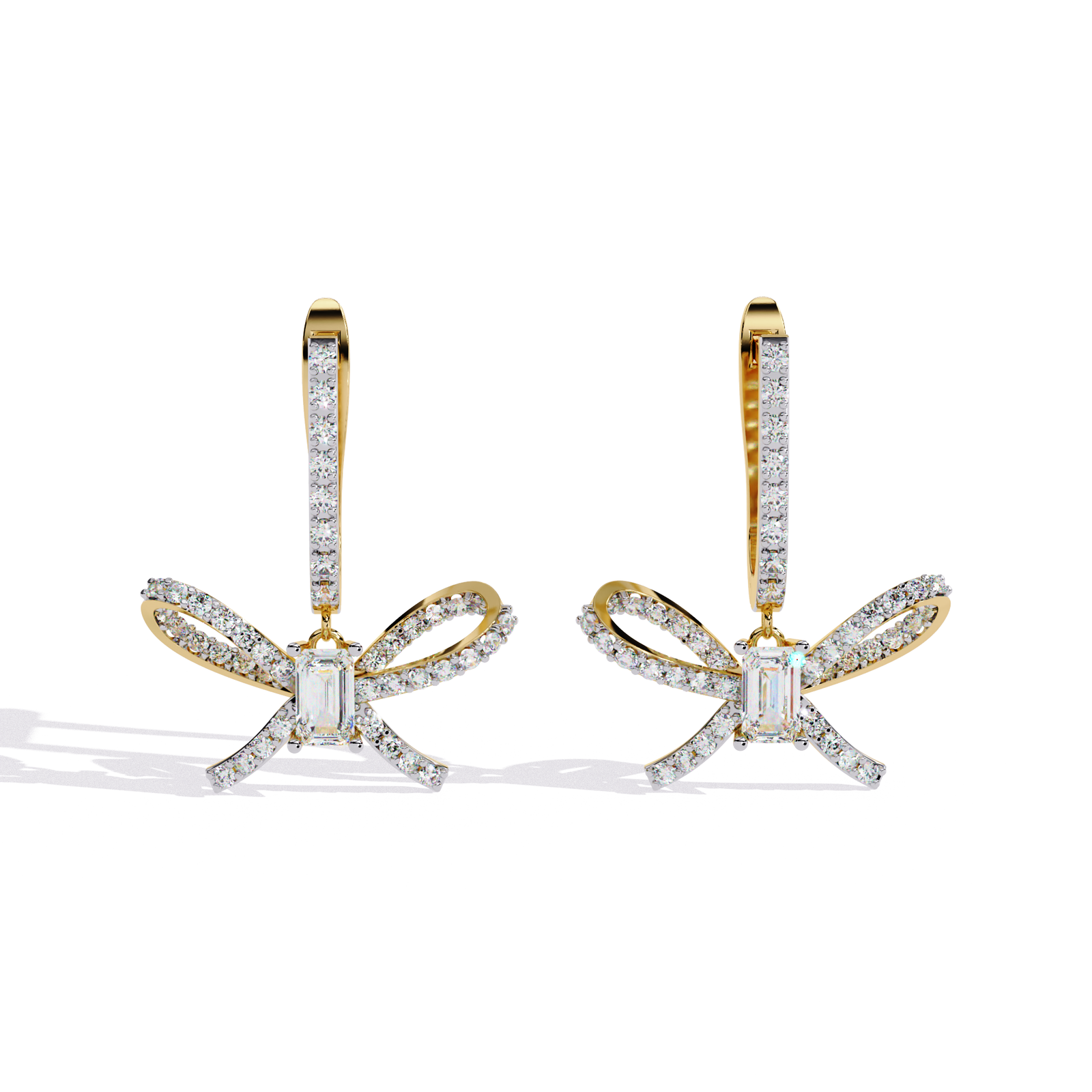 **Elegant Diamond Bow Drop Earrings in Gold | Emerald Cut Statement Dangle Earrings for Women**