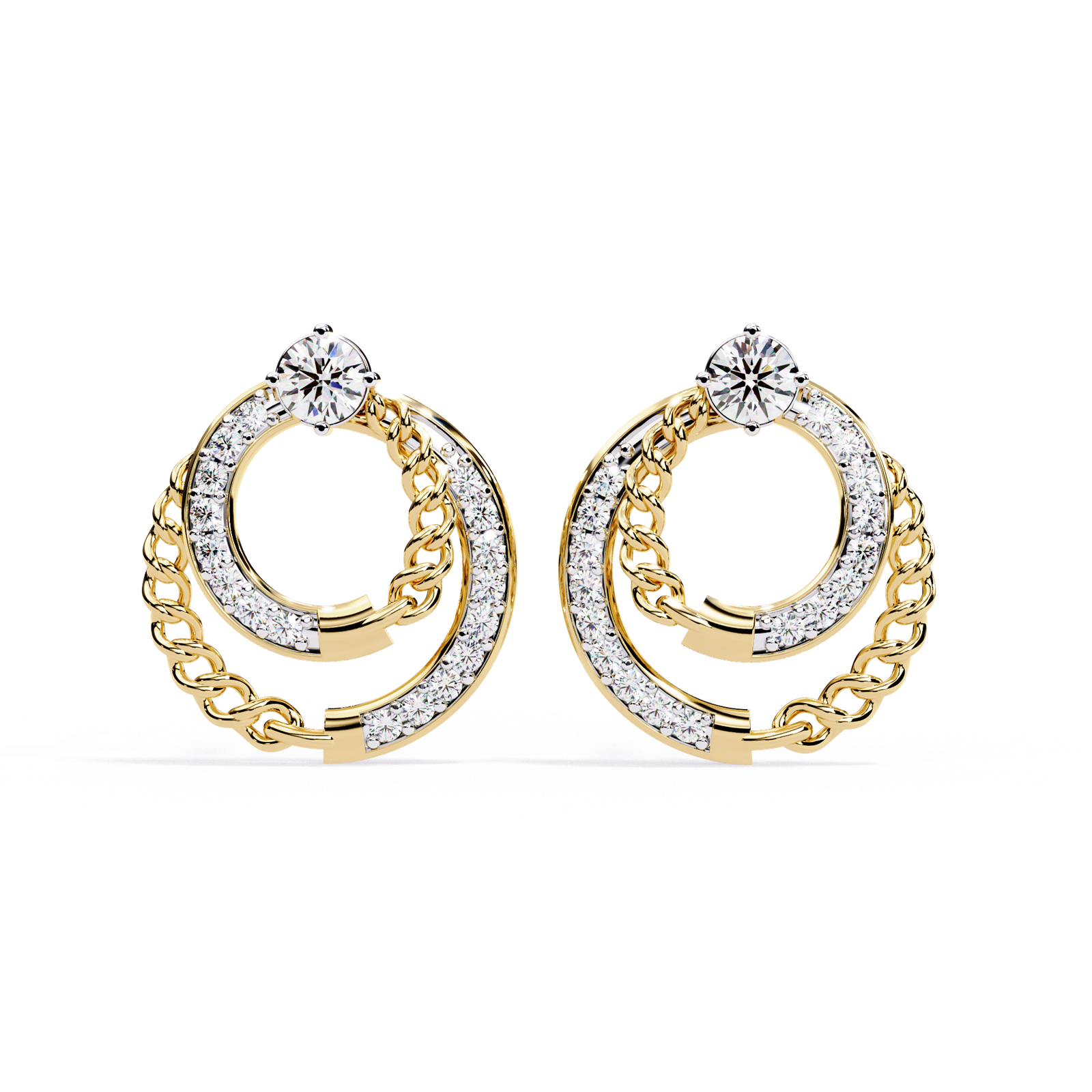 **Modern Circular Diamond Stud Earrings in White Gold | Twisted Chain Halo Designer Earrings for Women**