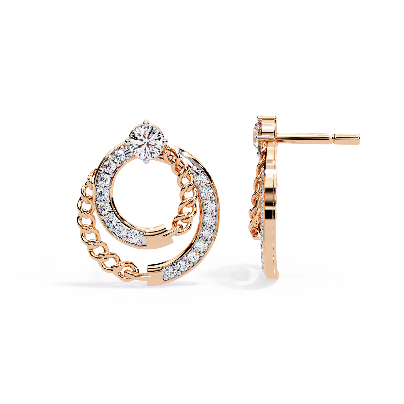 **Modern Circular Diamond Stud Earrings in White Gold | Twisted Chain Halo Designer Earrings for Women**