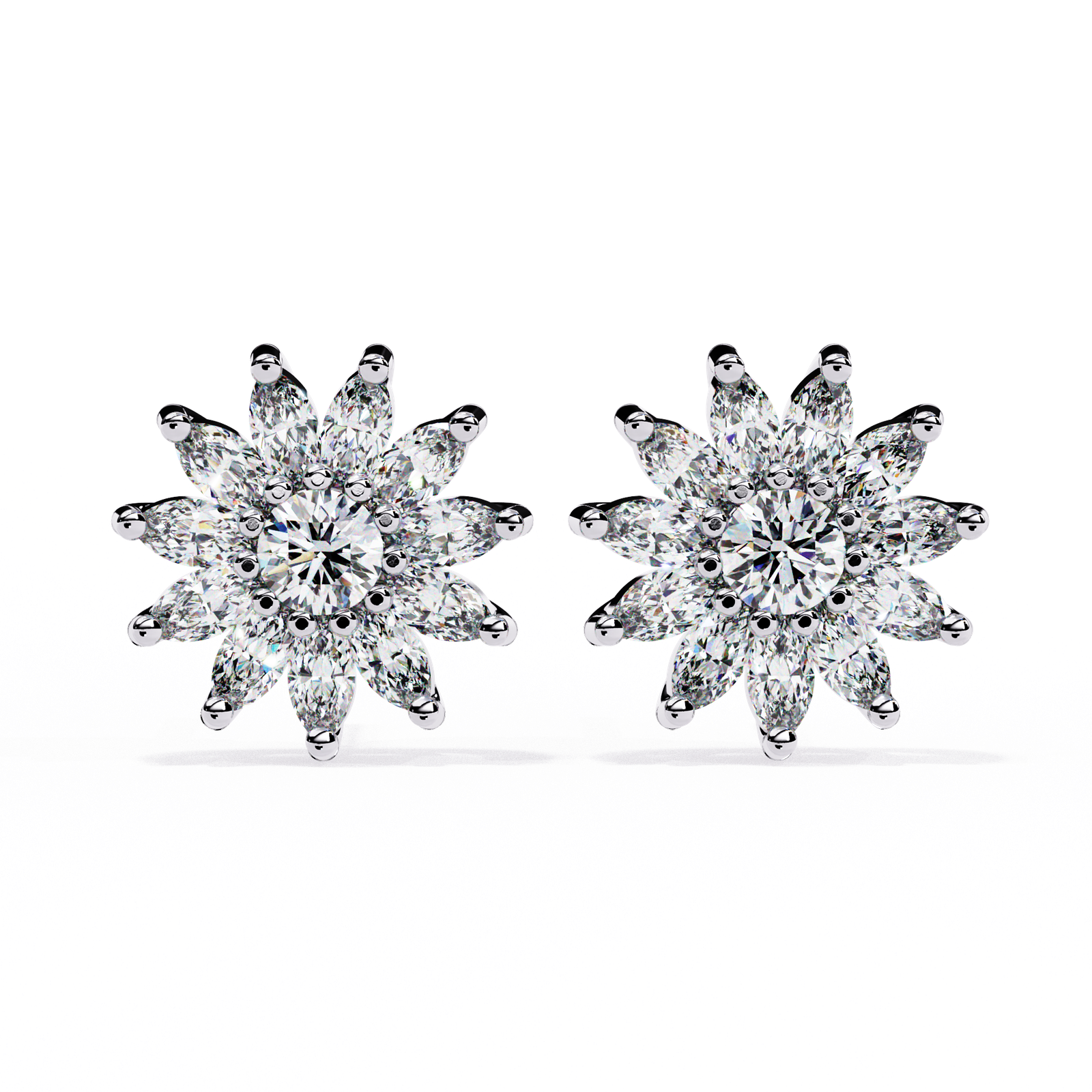Floral Diamond Cluster Stud Earrings in  White Gold | Marquise Cut Flower Designer Earrings for Women